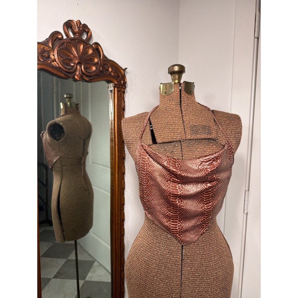 Vintage Lip Ink Brown Snakeskin Halter Top Cowl Neck Handkerchief Made in USA